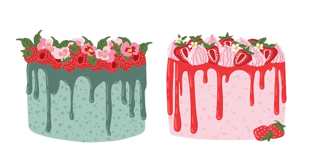 Gâteaux Mousse Aux Fraises Et Aux Framboises élément Vectoriel De Fête D'anniversaire Joyeux Illustration Plate En Dessin Animé