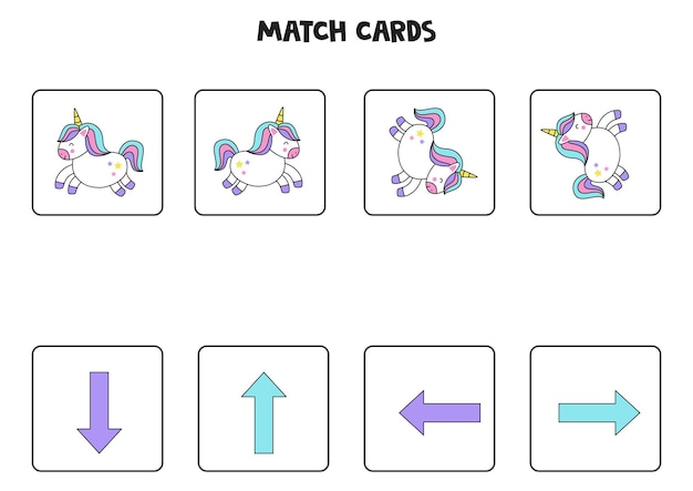 Vecteur gauche, droite, haut ou bas. orientation spatiale avec une jolie licorne.