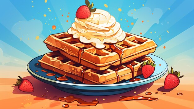 Vecteur une gaufre avec une fraise et de la crème fouettée dessus