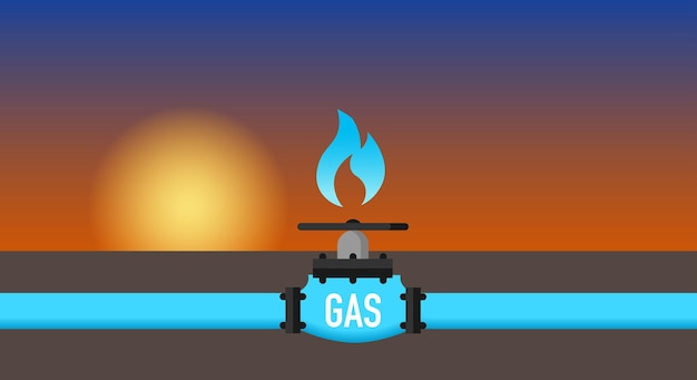 Gazoduc, Sous La Forme D'un Tuyau De Gaz Avec Une Flamme Et Un Texte Gaz Qui S'écoule D'un Champ De Gaz Naturel Vers Les Consommateurs. Copiez L'espace. Illustration Vectorielle