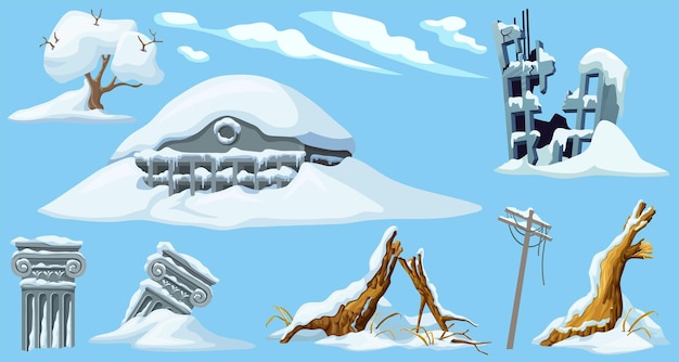 Âge de glace Vieilles colonnes grises Objets de jeu de dessin animé Montagnes de neige et de bâtiments