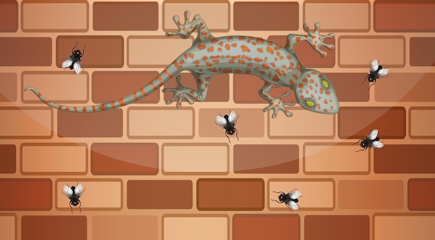 Gecko Sur Mur De Briques Avec Beaucoup De Mouches En Style Cartoon