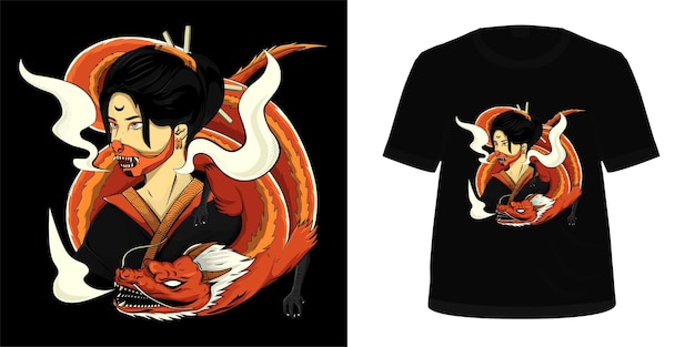 Geisha Avec Dragon Pour La Conception De T-shirt