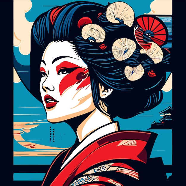 Geisha Japonaise Samurai Fille Dessinée à La Main Plat Stylé Autocollant De Dessin Animé Icône Concept Illustration Isolée