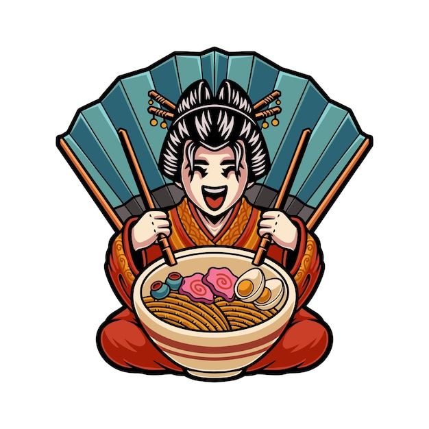 Vecteur une geisha mignonne mangeant des nouilles ramen avec un ventilateur japonais traditionnel