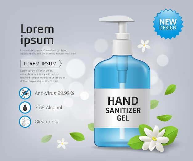 Gel désinfectant à l'alcool et modèle de bouteille de lavage des mains Parfum de jasmin