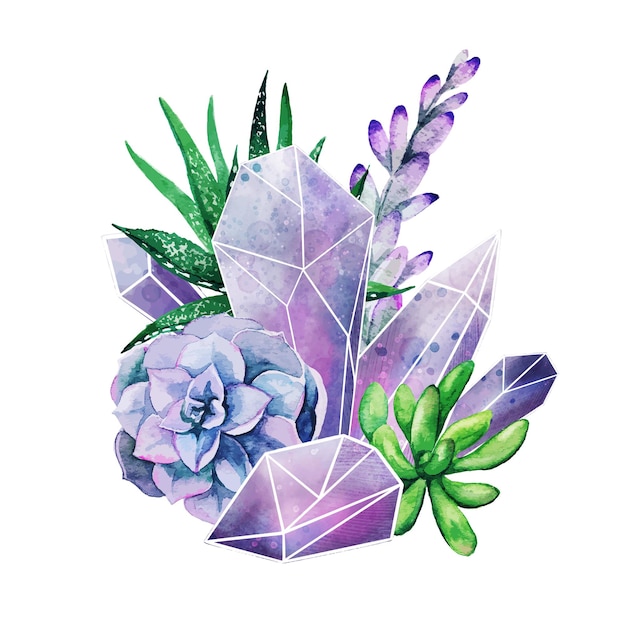 Gemmes De Cristal Avec Des Plantes Succulentes, Art Décoratif En Couleur, Composition Mignonne, Illustration Aquarelle Dessinée à La Main