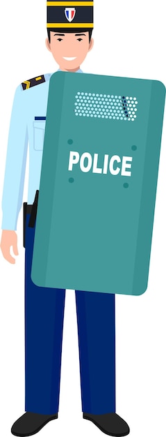 Vecteur gendarme policier français debout avec bouclier de protection dans l'icône de caractère de l'uniforme traditionnel