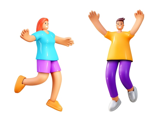 Les gens 3D rendent l'icône de la personne femme heureuse et l'homme célèbrent une fille active jeune garçon sautant mouvement saut volant étudiant personnage créatif humain dynamique illustration isolée de dessin animé vectoriel