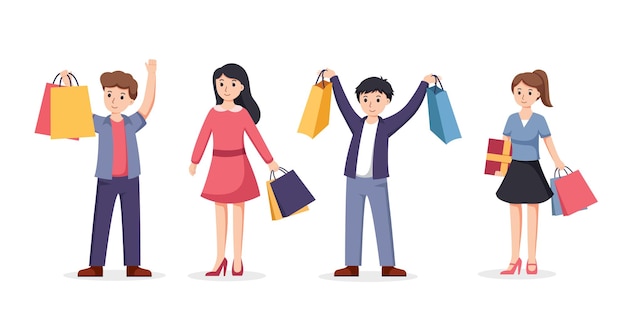 gens, achats, gens, à, sacs provisions, vecteur, illustration