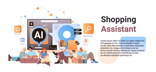 les gens achètent des choses dans l'application informatique avec ai shopping assistant assistant bot e-commerce shopping en ligne concept horizontal copie espace illustration vectorielle