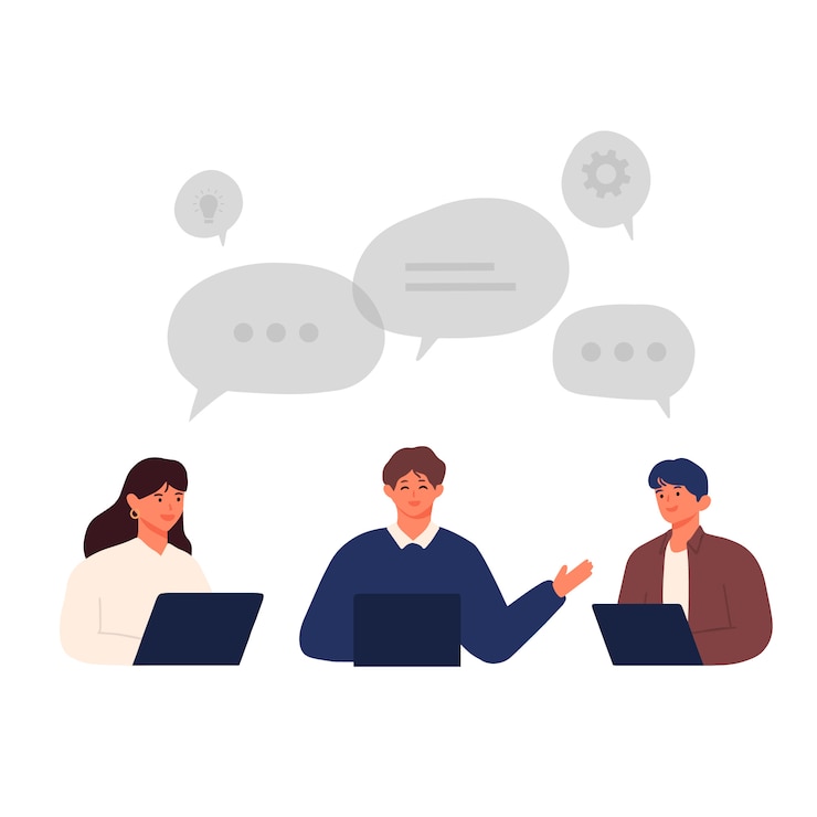 Vecteur gens d'affaires ayant une discussion en ligne et travaillant à domicile avec illustration de bulles