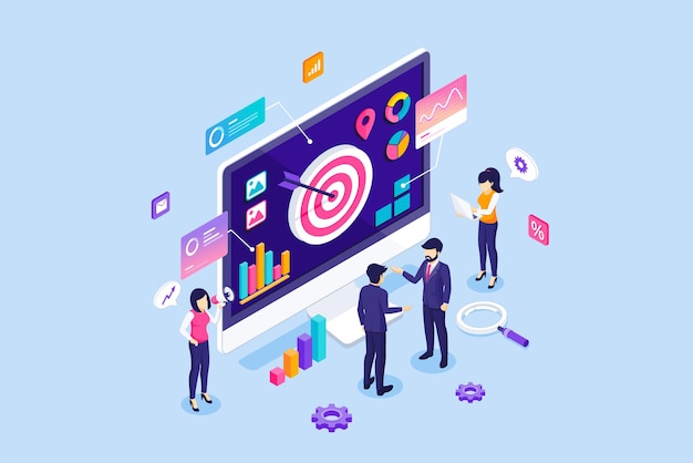 les gens d'affaires isométriques travaillent près d'un ordinateur géant avec des données de diagramme et des graphiques illustratio