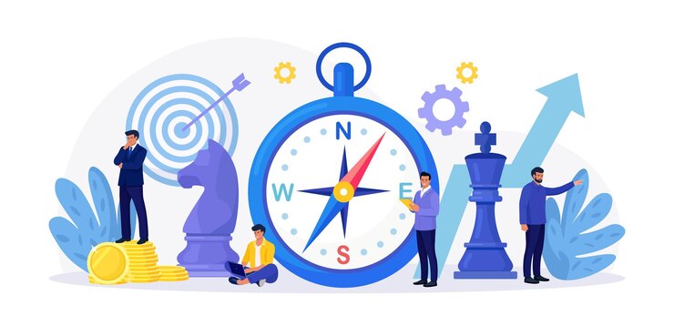 Vecteur gens d'affaires utilisant la boussole pour la navigation et l'orientation dans la planification stratégique de l'entreprise vision future direction de la stratégie d'entreprise concept de mission décisions importantes fixe des objectifs pour l'entreprise