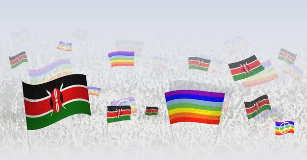 Vecteur gens agitant des drapeaux de la paix et des drapeaux du kenya