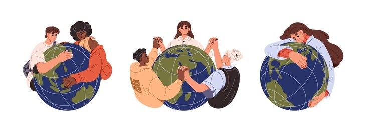 Les gens aiment l'ensemble de la terre Les enfants se tiennent la main et embrassent le globe vert Les filles et les garçons sauvent et protègent ensemble la planète Les jeunes personnages se soucient de l'écologie de l'environnement Illustration vectorielle isolée plate sur blanc