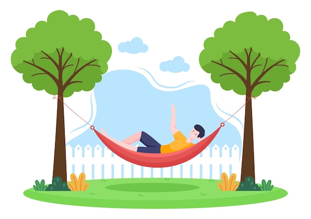 Vecteur gens allongés sur un hamac dans l'illustration de vecteur de dessin animé plat de parc. vacances d'été en plein air pique-nique entre deux arbres