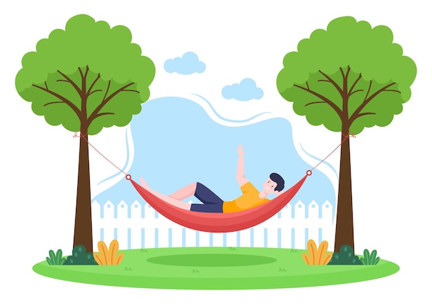 Gens allongés sur un hamac dans l'illustration de vecteur de dessin animé plat de parc. Vacances d'été en plein air pique-nique entre deux arbres
