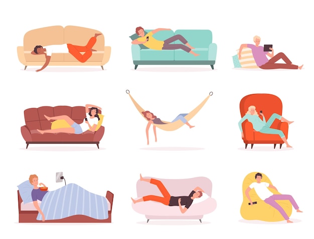 Gens Allongés. Personnages Se Relaxant Et Regardant La Télévision Sur Un Canapé Allongé Style De Vie Confortable Dormir Ou Assis Dans Un Fauteuil Vecteur Personnes. Canapé Et Canapé, Illustration De Style De Vie Paresseux De Personne De Caractère