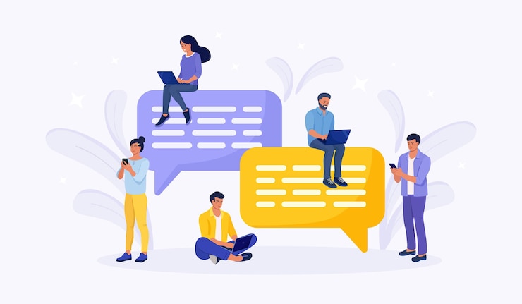 Vecteur des gens assis sur des bulles pour dialoguer, commenter et répondre. hommes d'affaires utilisant un téléphone et un ordinateur portable pour envoyer des sms, communiquant sur les réseaux sociaux. chatter à la recherche d'idées, résoudre des problèmes