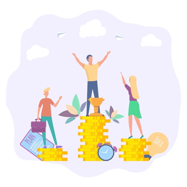 Vecteur les gens atteignent leur objectif en affaires concept de carrière consistant à atteindre un objectif financier pour un site web ou une page web illustration vectorielle colorée