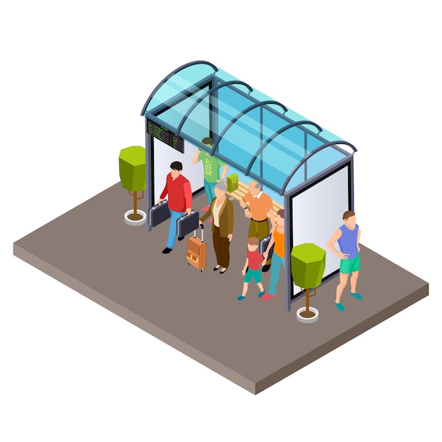 Les Gens Attendent Le Bus à L'illustration Vectorielle Isométrique De L'arrêt De Bus