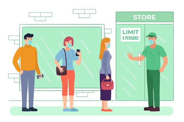 Les gens attendent en ligne devant le supermarché