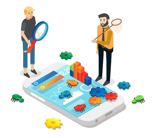 Les gens attrapent des bugs sur l'écran du smartphone, illustration isométrique vectorielle à plat. Processus de développement et de test mobile, assurance qualité, débogage.