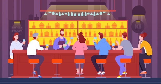 Vecteur les gens au comptoir du bar les amis se rencontrent dans le pub les gars parlent le barman boit de la bière boissons alcoolisées compagnie bavarde se détendre sur une chaise café vie nocturne intérieur splendide illustration vectorielle