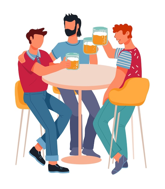 Les Gens Boivent De La Bière Assis à Table Et Discutent Illustration De Vecteur De Dessin Animé Plat Isolé