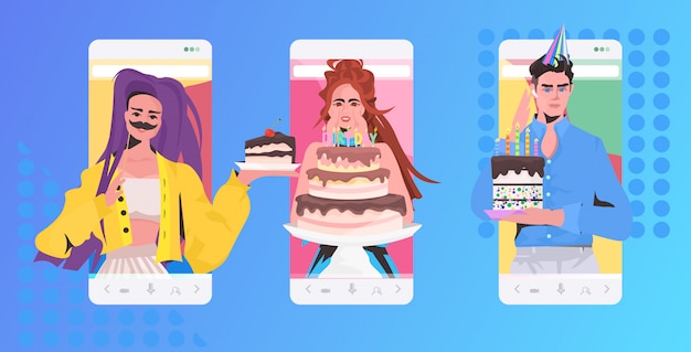 Les Gens Célèbrent Des Amis De Course En Ligne Ayant Un Concept De Célébration Amusant Virtuel. Illustration De Portrait Horizontal De L'application Mobile De L'écran Du Smartphone