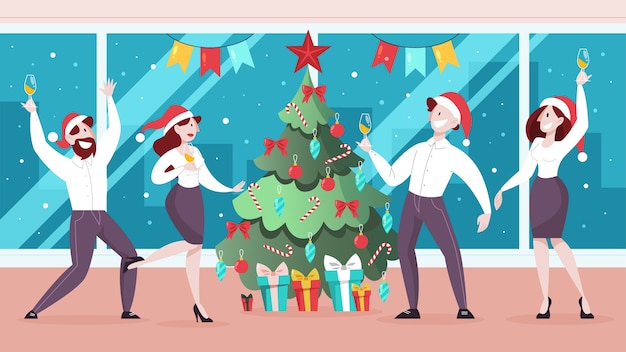 Les Gens Célèbrent Le Nouvel An Et Noël Au Bureau. Fête D'affaires, Personnage En Chapeau De Père Noël. Illustration En Style Cartoon