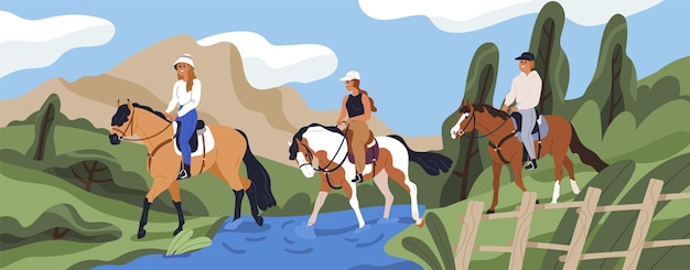 Vecteur les gens à cheval dans la nature. cavaliers traversant la rivière. amis marchant, assis sur des selles d'étalons. cavaliers et paysage d'été. activité équestre. illustration vectorielle plane.