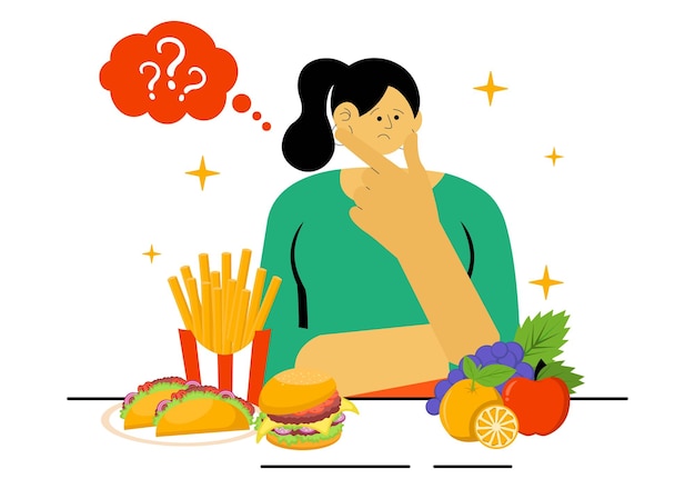 Les gens choisissent entre les aliments sains et les aliments malsains Illustration vectorielle présentant une comparaison entre la restauration rapide et les menus équilibrés pour un style de vie sain