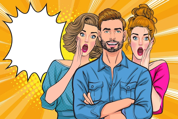 Les gens chuchotent des commérages ou des secrets d'affaires à un ami surpris dans le style retro vintage Pop Art Comic