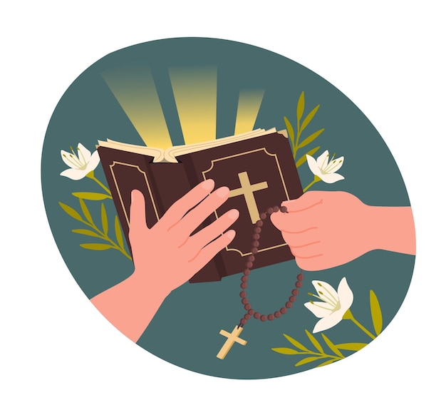 Les gens avec le concept de la sainte bible le livre saint et la croix sur la corde la religion et la spiritualité les fondements de la vie et les connaissances la foi et la croyance la sagesse et la vérité l'illustration vectorielle plate de dessin animé