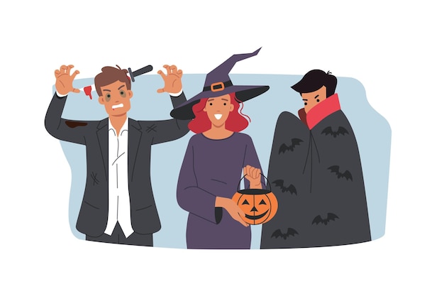 Des gens en costumes d'Halloween font des regards menaçants pour effrayer des amis qui célèbrent le 31 octobre.