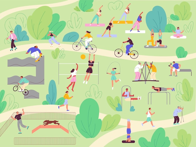 Vecteur les gens dans les activités d'été du parc