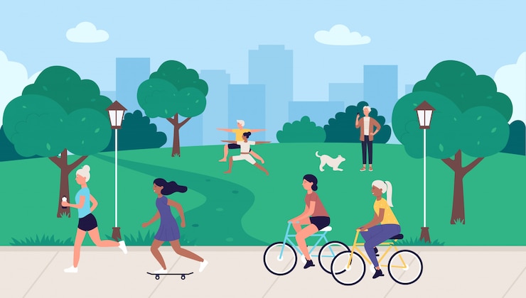Vecteur les gens dans l'illustration de l'activité saine de sport. personnages de sport plat de dessin animé en cours d'exécution, cyclisme homme femme active