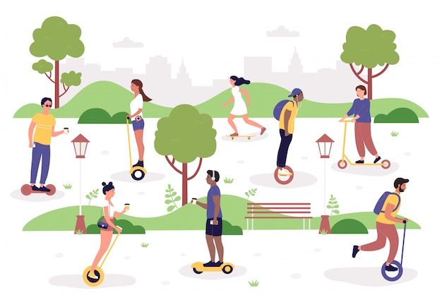 Gens Dans L'illustration Du Parc. Dessin Animé Plat Femme Homme Hipster équitation Segway électrique Moderne, Gyroscope Scooter Coup De Pied Ou Hoverboard Avec Tasse à Café, Activité De Plein Air Sport Sain Isolé Sur Blanc