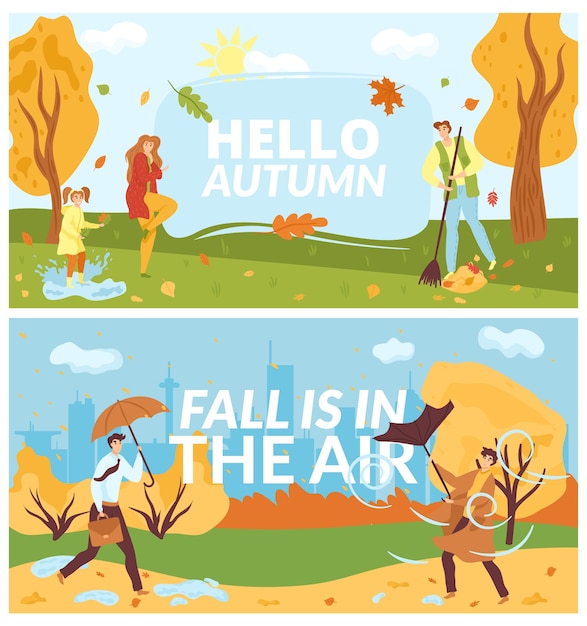 Vecteur gens dans le parc d'automne, saison d'automne sur la nature, ensemble de bannières automnales amusantes, illusttration. marcher, sauter sur une flaque d'eau, jouer avec les feuilles d'automne, homme avec parapluie. forêt à l'automne.
