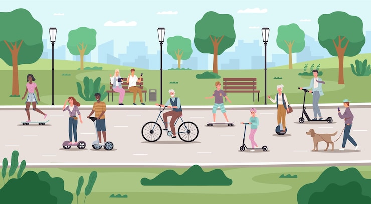 Vecteur les gens dans le parc public. transport urbain écologique, hommes et femmes de différents âges utilisent des scooters électriques, des vélos, des segways et des planches à roulettes. véhicule urbain écologique. méthode de mouvement moderne, concept de dessin vectoriel