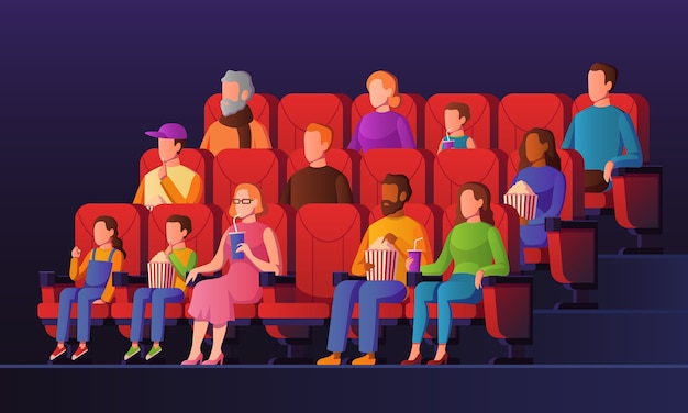 Vecteur les gens dans la salle de cinéma. enfants et adultes regardent le cinéma assis sur des chaises rouges avec du pop-corn dans une salle de cinéma. divertissement regardant le concept de foule