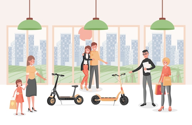 Les gens dans les scooters électriques achètent une illustration plate. Les personnes qui choisissent le transport personnel moderne et écologique.