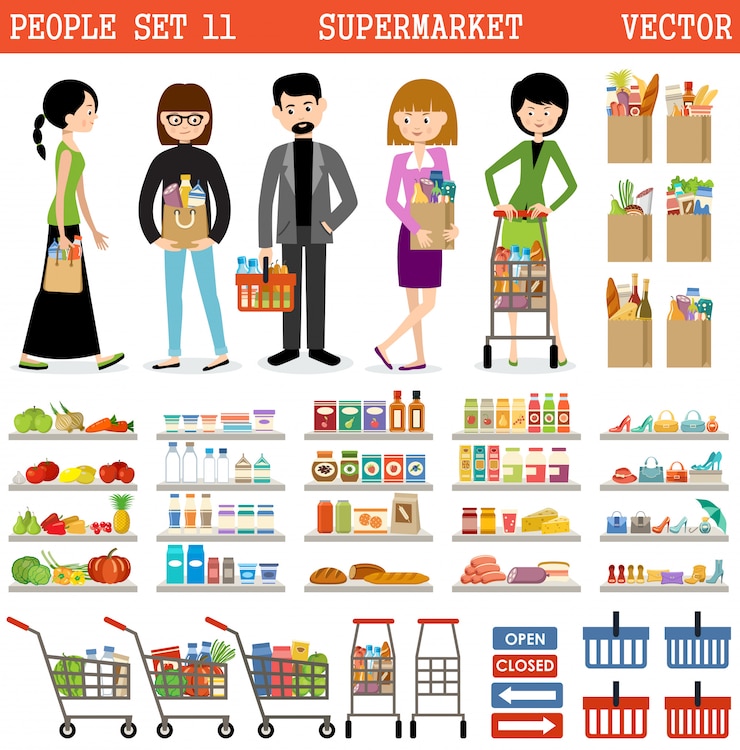 Vecteur les gens dans un supermarché avec des achats.
