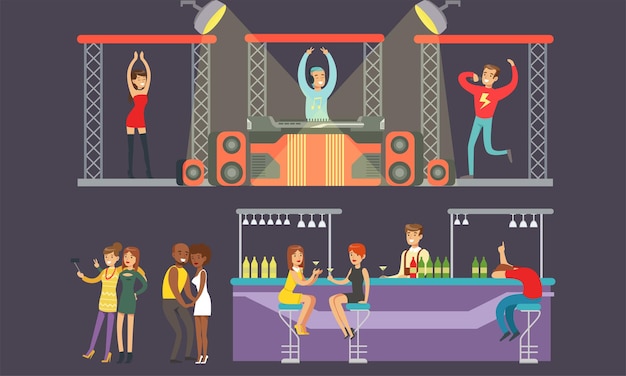 Vecteur les gens dansent dans une boîte de nuit les jeunes hommes et femmes boivent dans le bar le dj joue de la musique illustration vectorielle