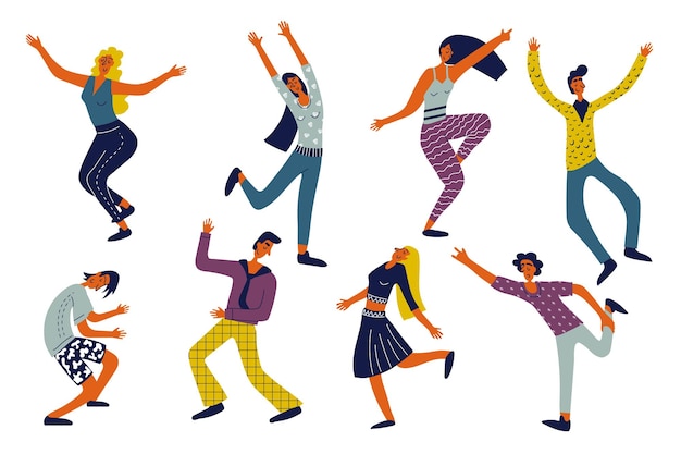 Les gens dansent dans un ensemble de personnages plats pour le web Des personnes de différentes femmes et hommes en mouvement célébrant et se déplaçant à la discothèque Sautant pour le plaisir et la joie à la discithèque Illustration vectorielle