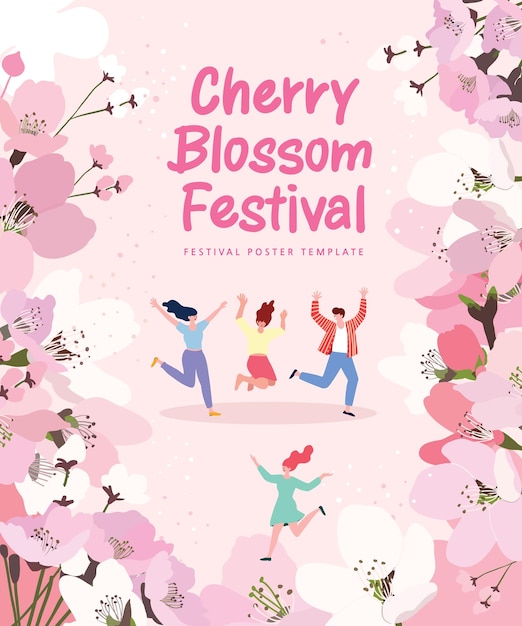 Vecteur des gens dansent et profitent du festival des cerisiers roses en fleurs.