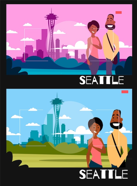 Les Gens Debout Sont Photographiés Dans Le Contexte De Seattle. Illustration Dans Le Style De La Photographie. Couple Afro-américain Sur Le Fond De La Ville De Seattle.