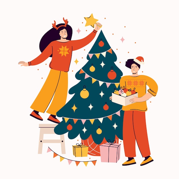 Vecteur les gens décorent le sapin de noël avec des boules et des guirlandes une famille heureuse prépare la maison pour célébrer le nouvel an ou la fête couple célèbre noël illustration vectorielle colorée en style cartoon plat